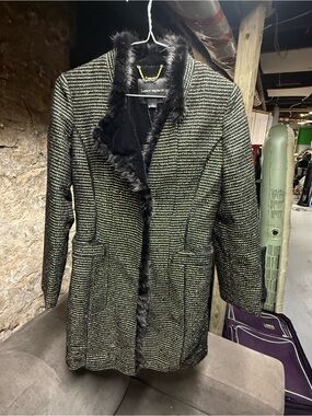 Lucy Paris Black Tweed Blazer Jacket with Faux Fur Trim